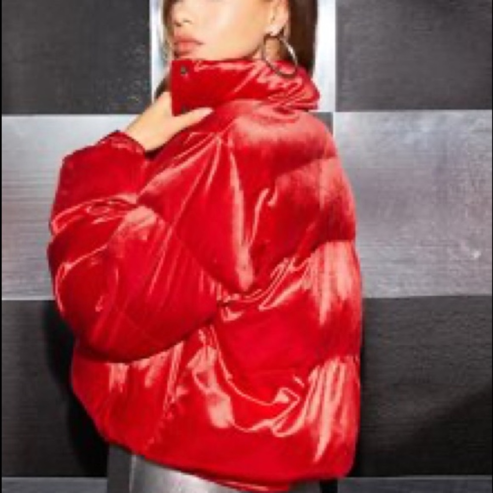 Glamorous Red Velvet Button Front Puffer Jacket - Picture 2 of 5